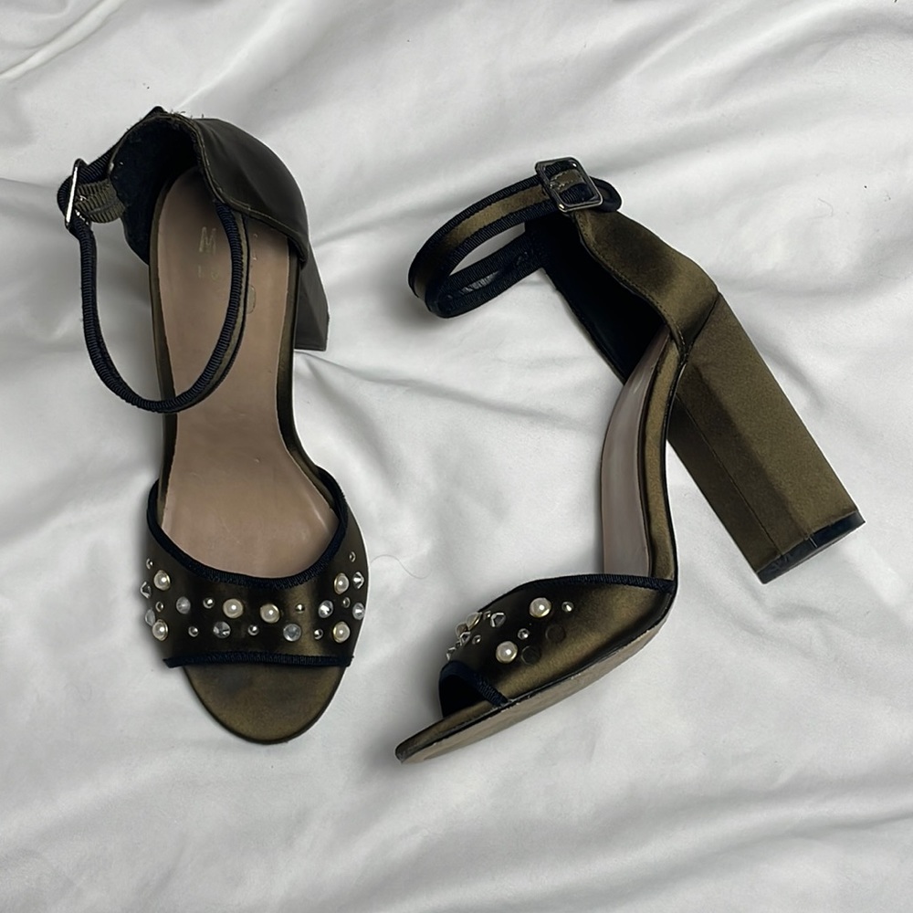 Army green satin ankle strap block heels w/ pearl and rhinestone embellishments